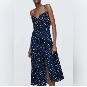 Zara Linen Blend Polka Dot Slip Midi Dress Navy